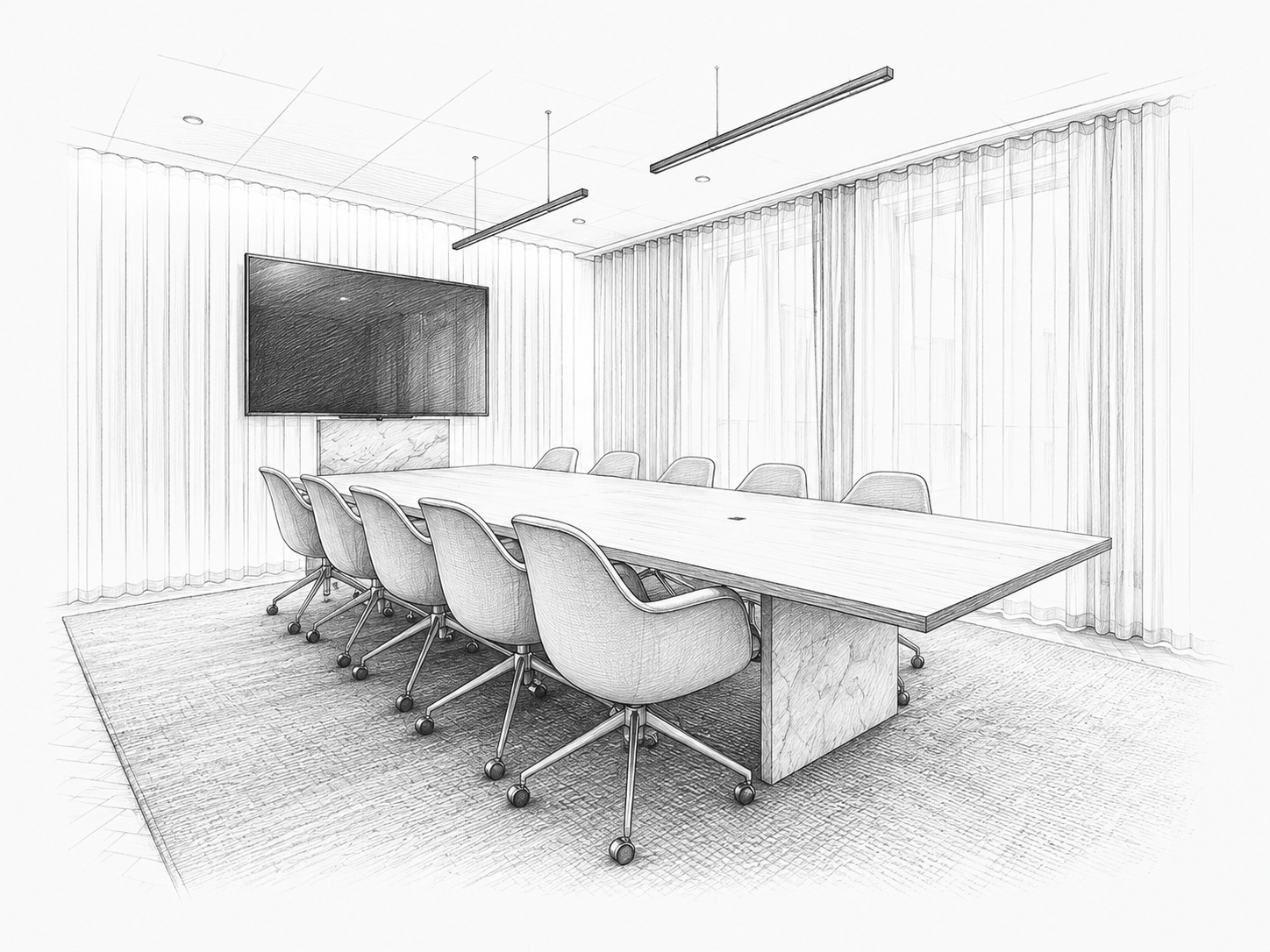 Illustration av mötesrum med skärm och konferensbord