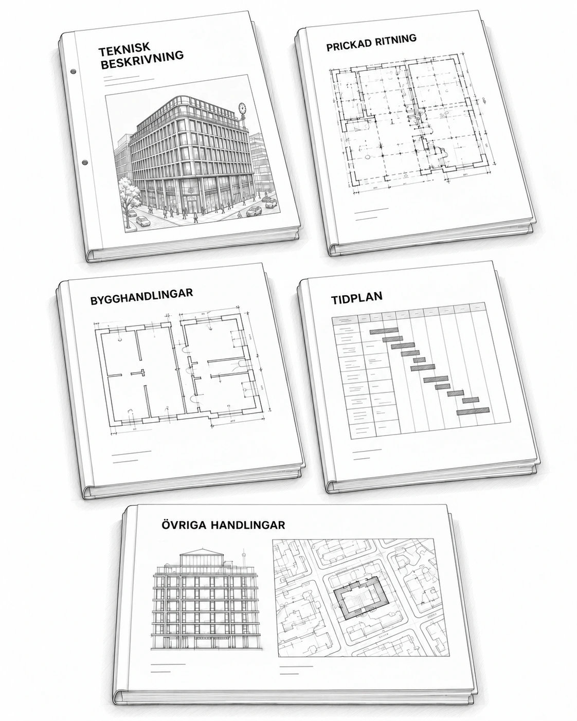 Illustration av tekniskt besked, prickad ritning, dörrlista, tidplan och upphandlingsunderlag